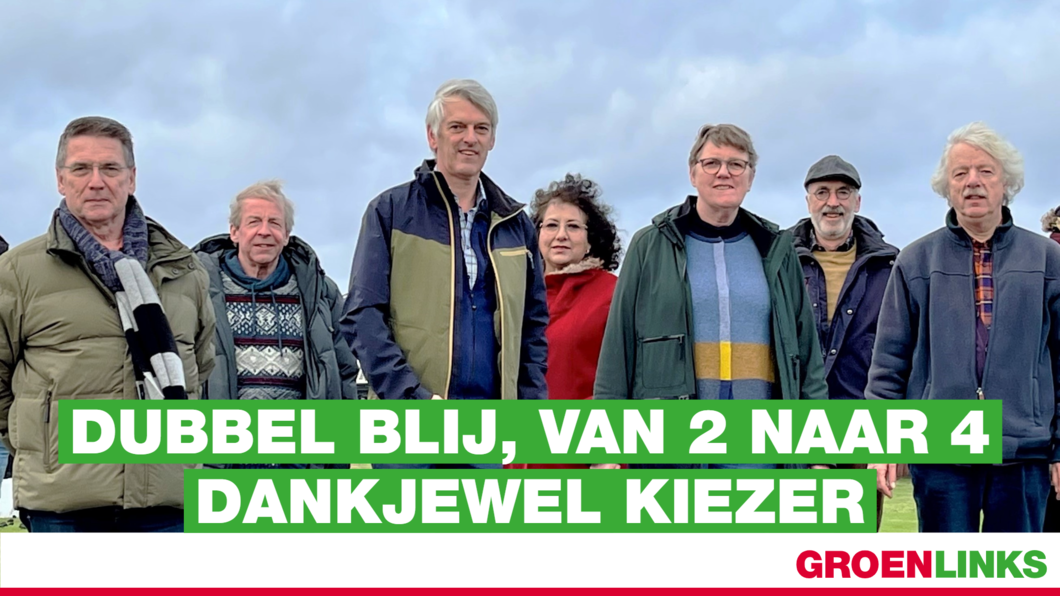 Dubbelblij van 2 naar 4, dankjewel kiezer, foto kandidatengroep